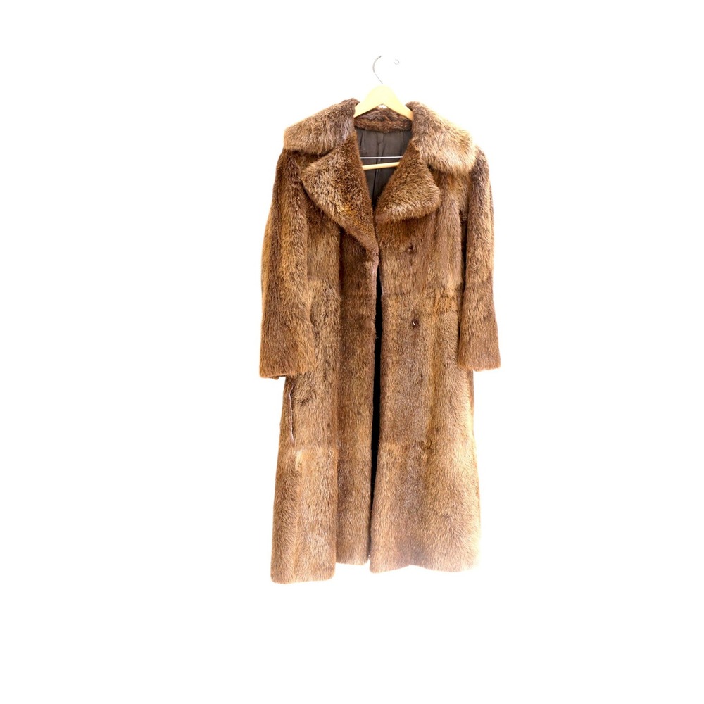 Vintage 1960s Brown Fur Coat Long Minimalist Real Fur Size L XL Luxury Womens - Picture 3 of 16